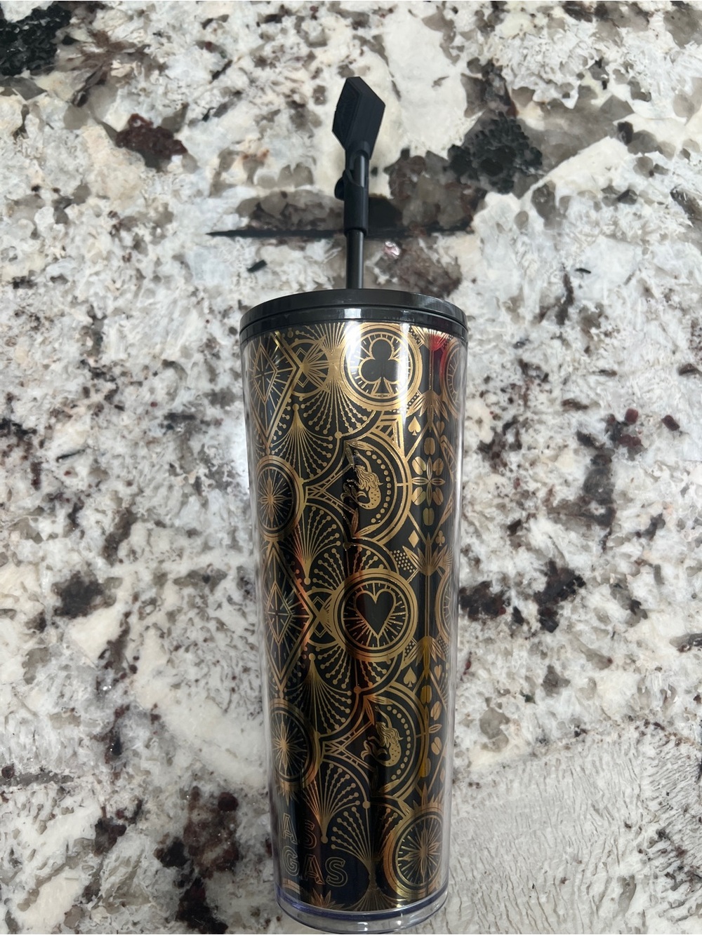 Starbucks Las Vegas Casino Black & Gold Patterned Tumbler with Straw & Cover NWT - Picture 2 of 4